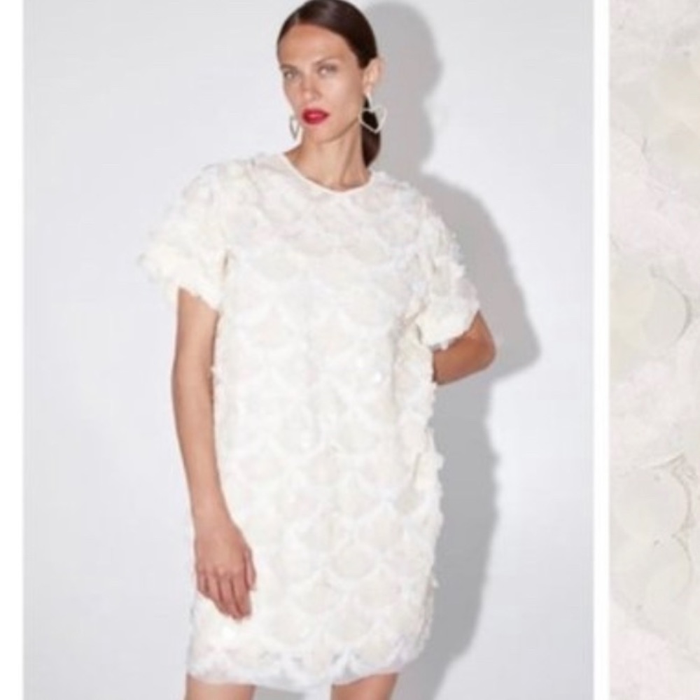 NEW! ZARA CREAM SCALLOP SEQUIN SHORT SLEEVE FLAPPER MIDI DRESS NWT SIZE S